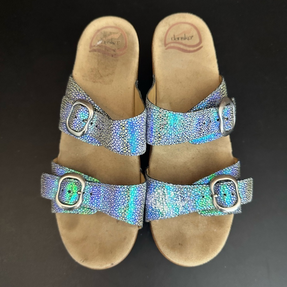 Dankso Shoes Womens 8.5 EU‎ 39 Iridescent Blue Leather Double Strap Clog Sandals - Picture 7 of 12